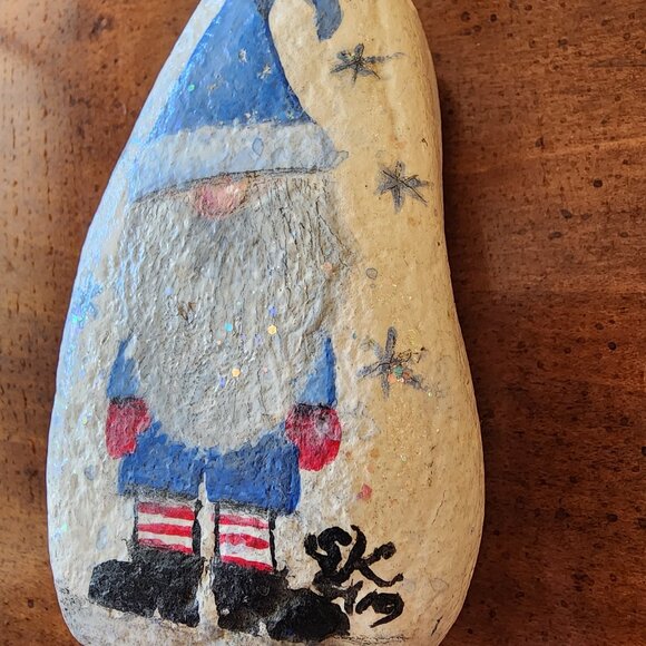 Christmas Holiday Gnome in Blue Santa Outfit with Snow Sparkles on a River Rock - Picture 6 of 10